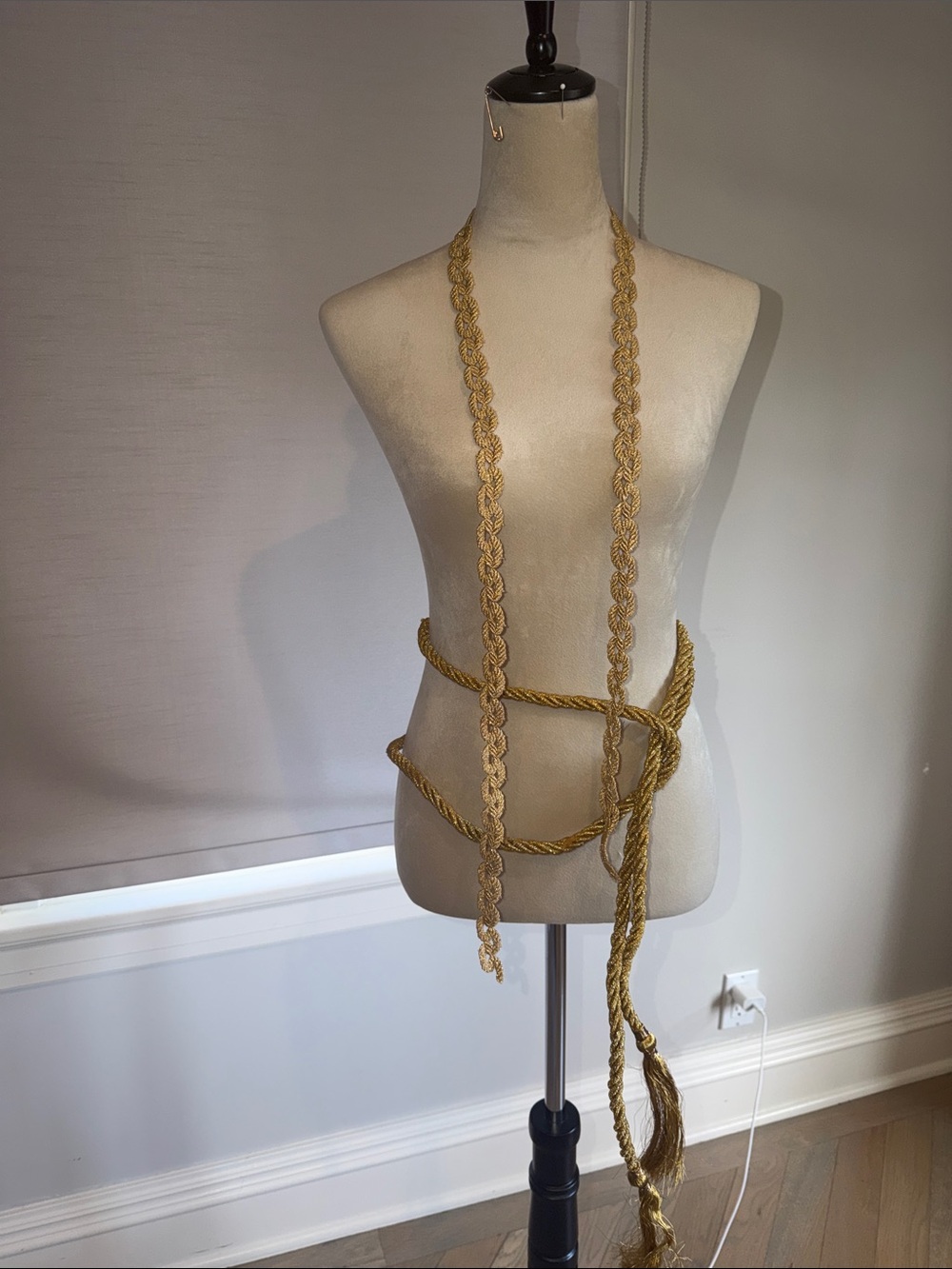 Gold Braided Rope tassel and dozen gold tie backs   Gold Venice trim, silver bow